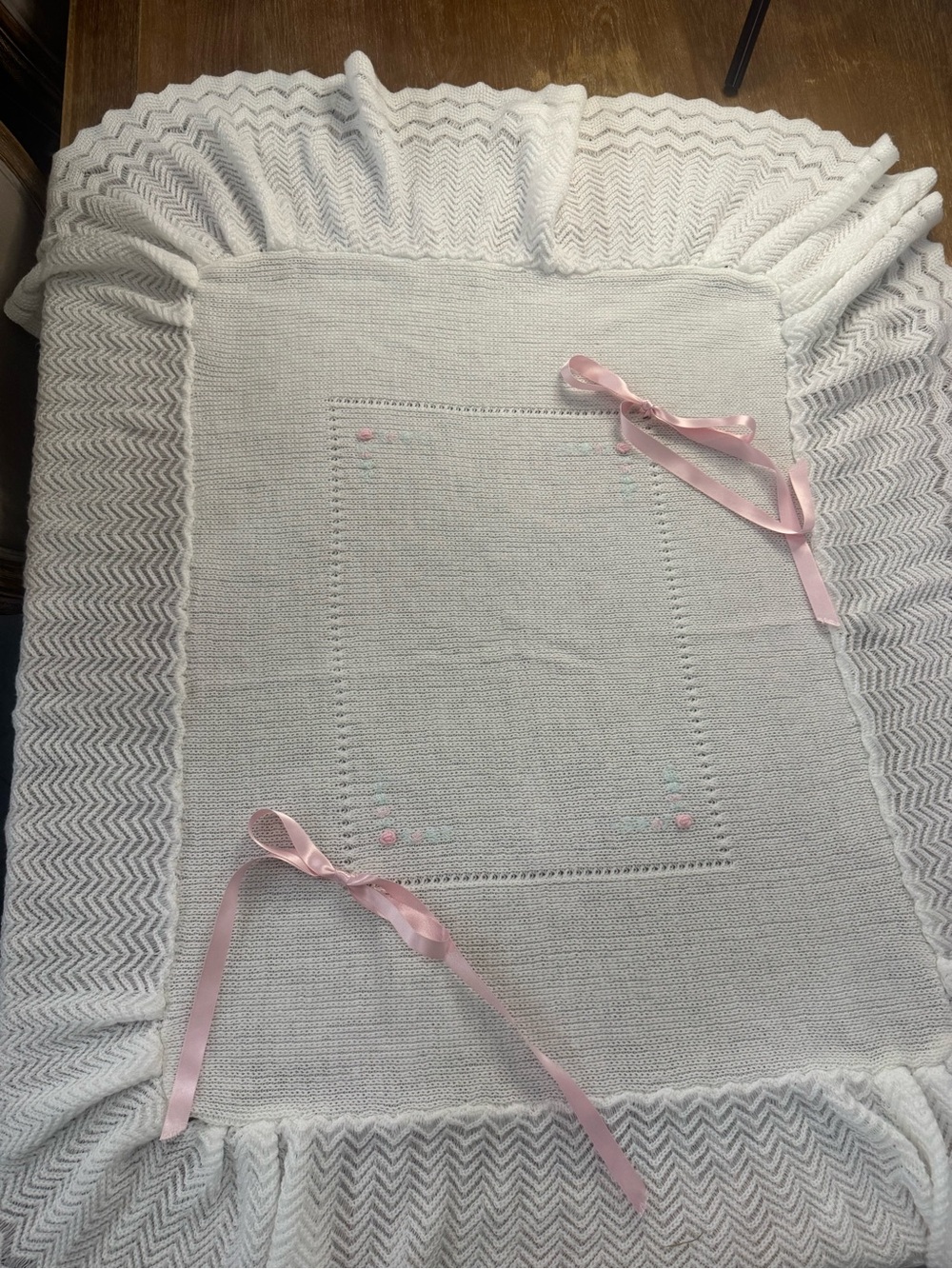 Classic White Knit Baby Blanket with Pink Ribbon Trim